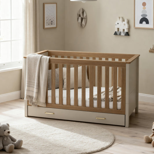 Babymore Mira Cot Bed 140 x 70cm in Cashmere & Warm Oak with underbed storage drawer in nursery