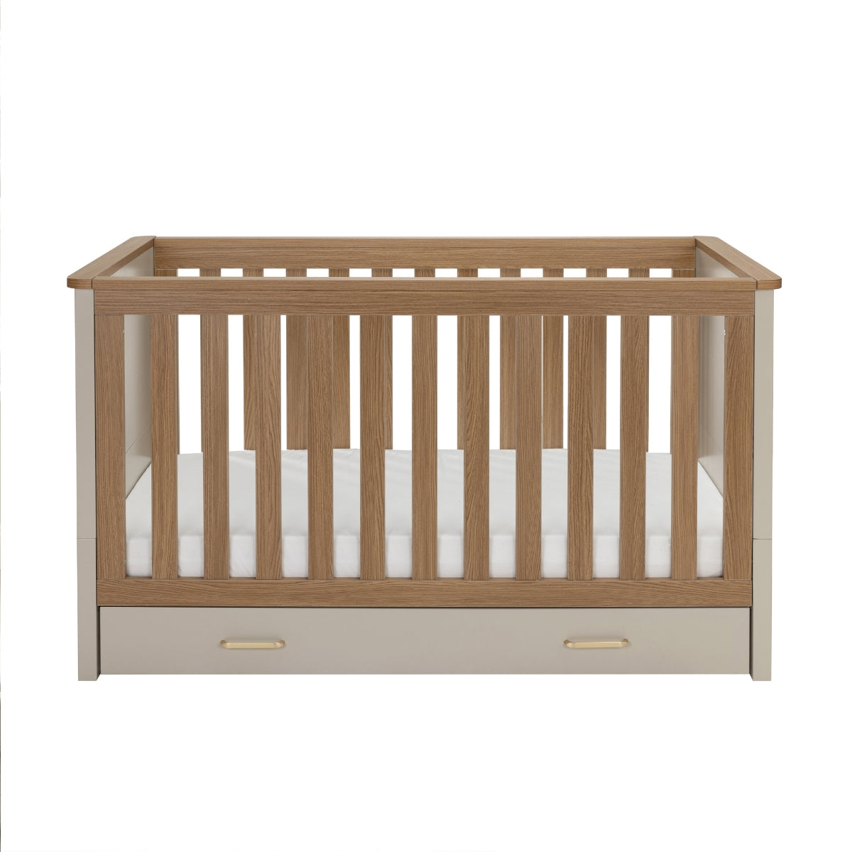 Babymore Mira 140 x 70cm Cot Bed in Cashmere & Warm Oak with integrated underbed drawer