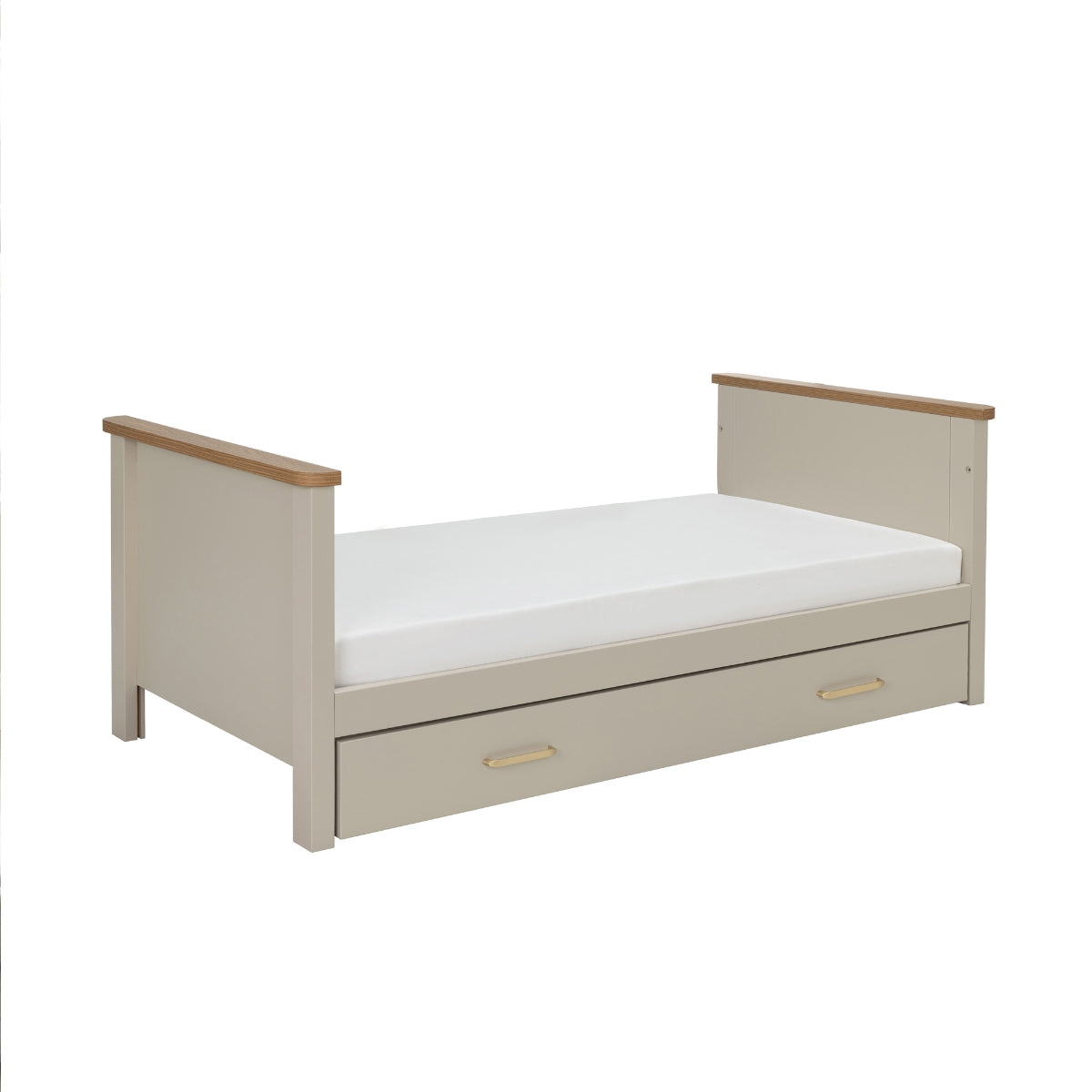 Babymore Mira Cot Bed converted into toddler bed in Cashmere & Warm Oak with storage drawer