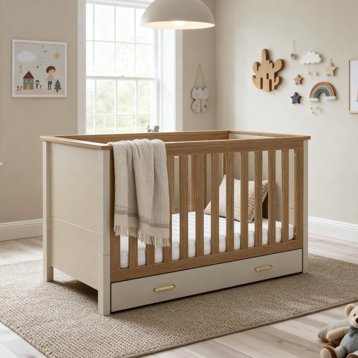 Babymore Mira 140 x 70cm Cot Bed in Cashmere & Warm Oak with underbed drawer in neutral nursery