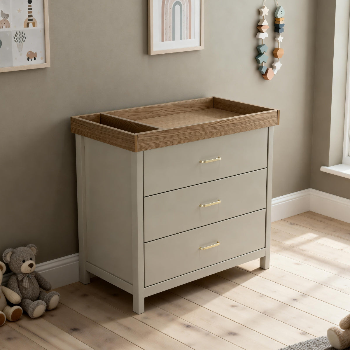 Babymore Mira Nursery Chest Changer in Cashmere and Warm Oak with three drawers and removable changing top