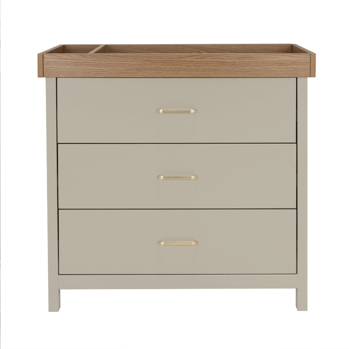 Babymore Mira Cashmere and Warm Oak Nursery Chest Changer front view with three soft-close drawers on white background