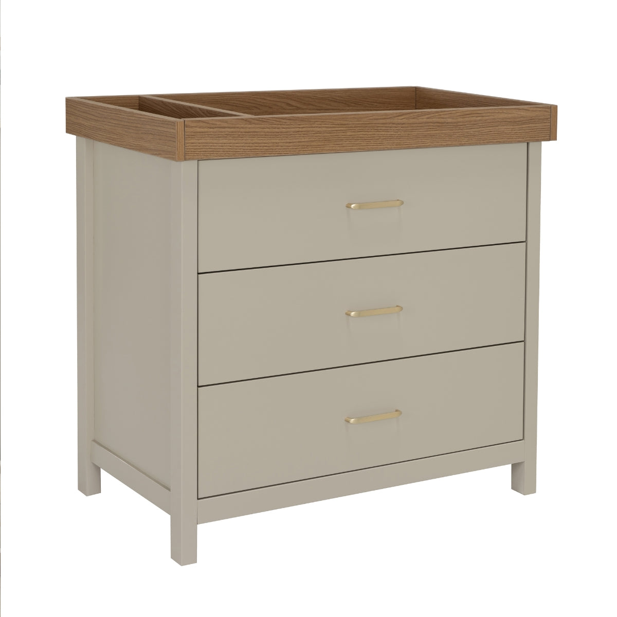 Babymore Mira Nursery Chest Changer in Cashmere and Warm Oak with integrated baby changing area on white background