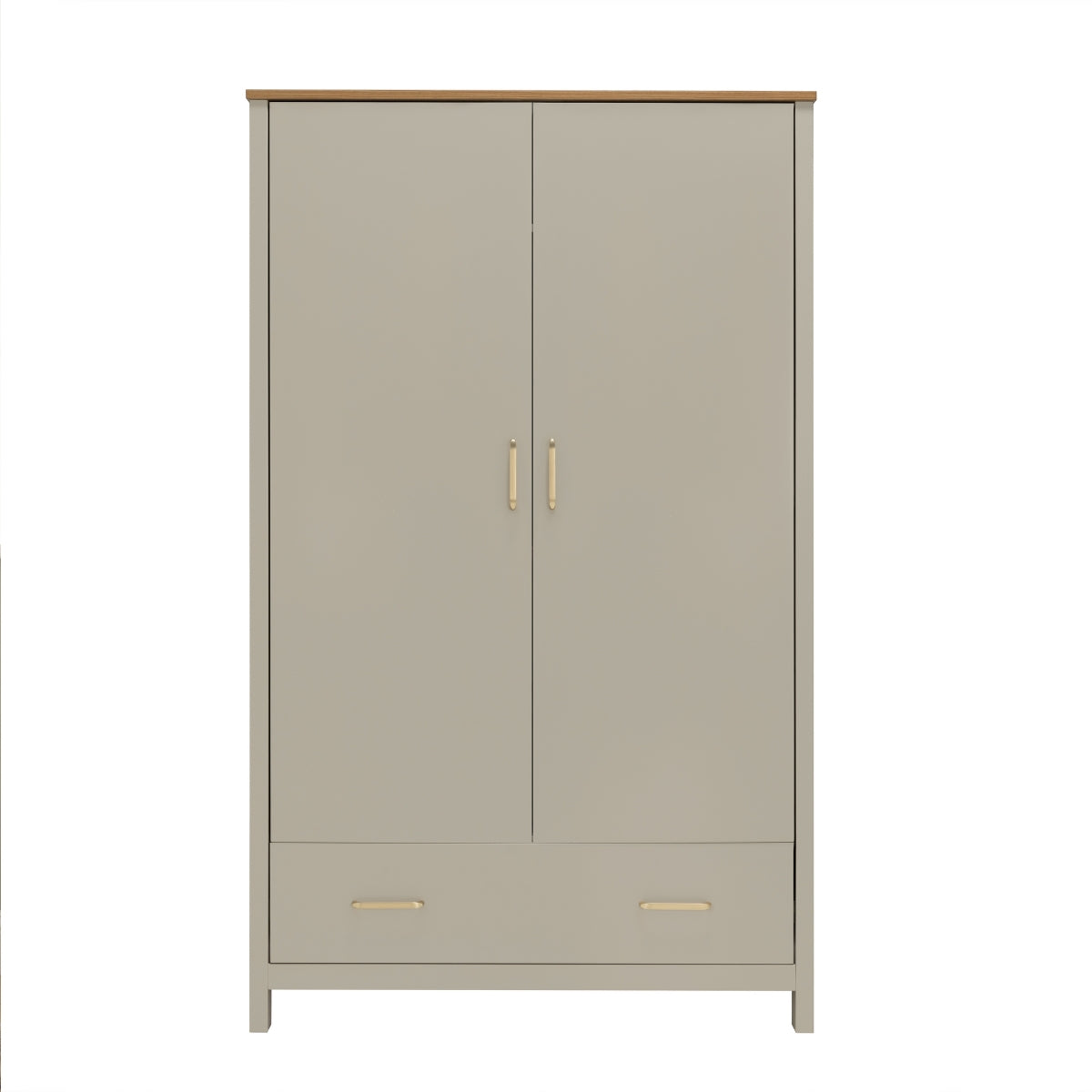 Front view of Babymore Mira Nursery Wardrobe in Cashmere Warm Oak with two soft-close doors, brushed handles and full-width storage drawer
