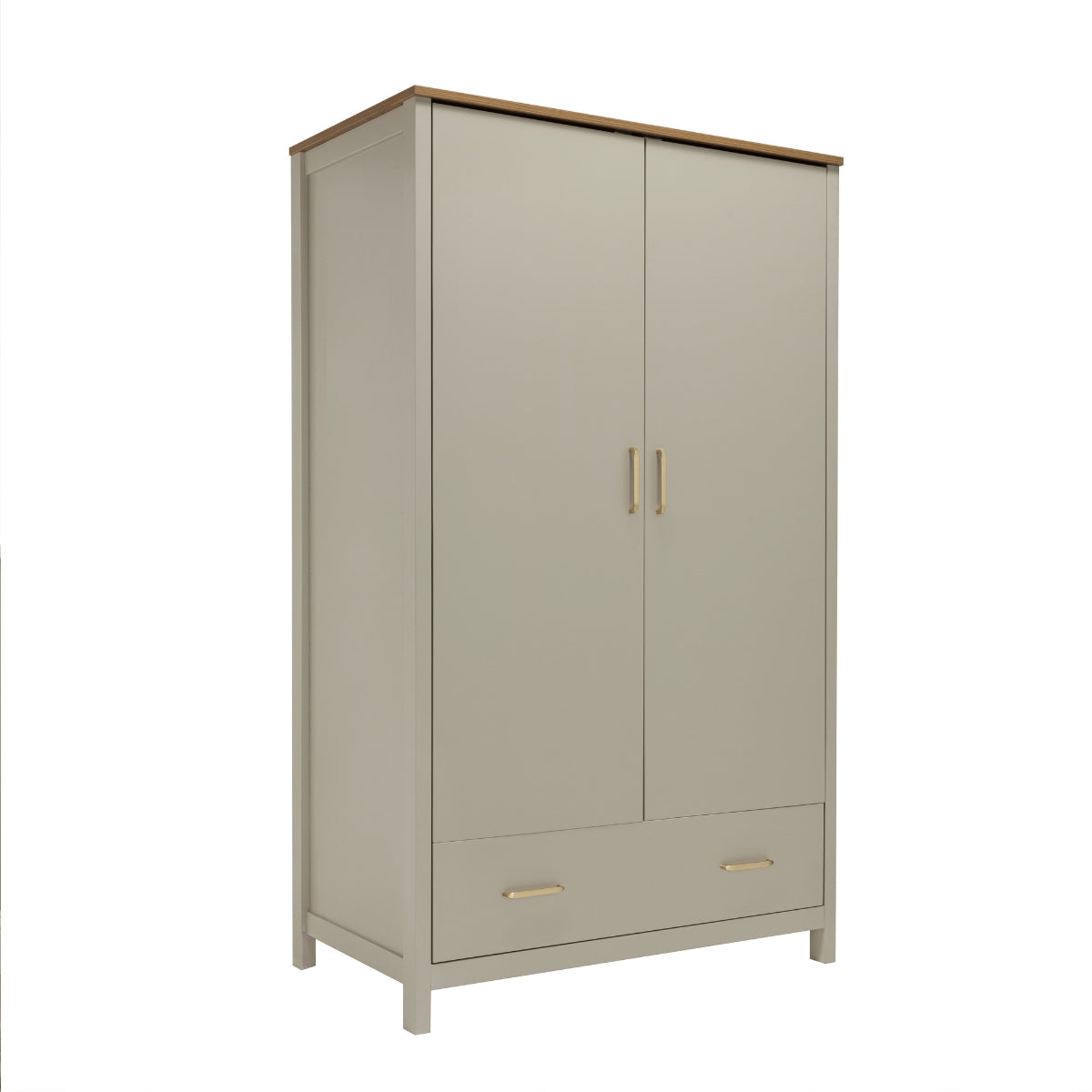 Angled view of Babymore Mira Nursery Wardrobe in Cashmere Warm Oak, featuring warm oak top, double doors, brushed handles and lower drawer