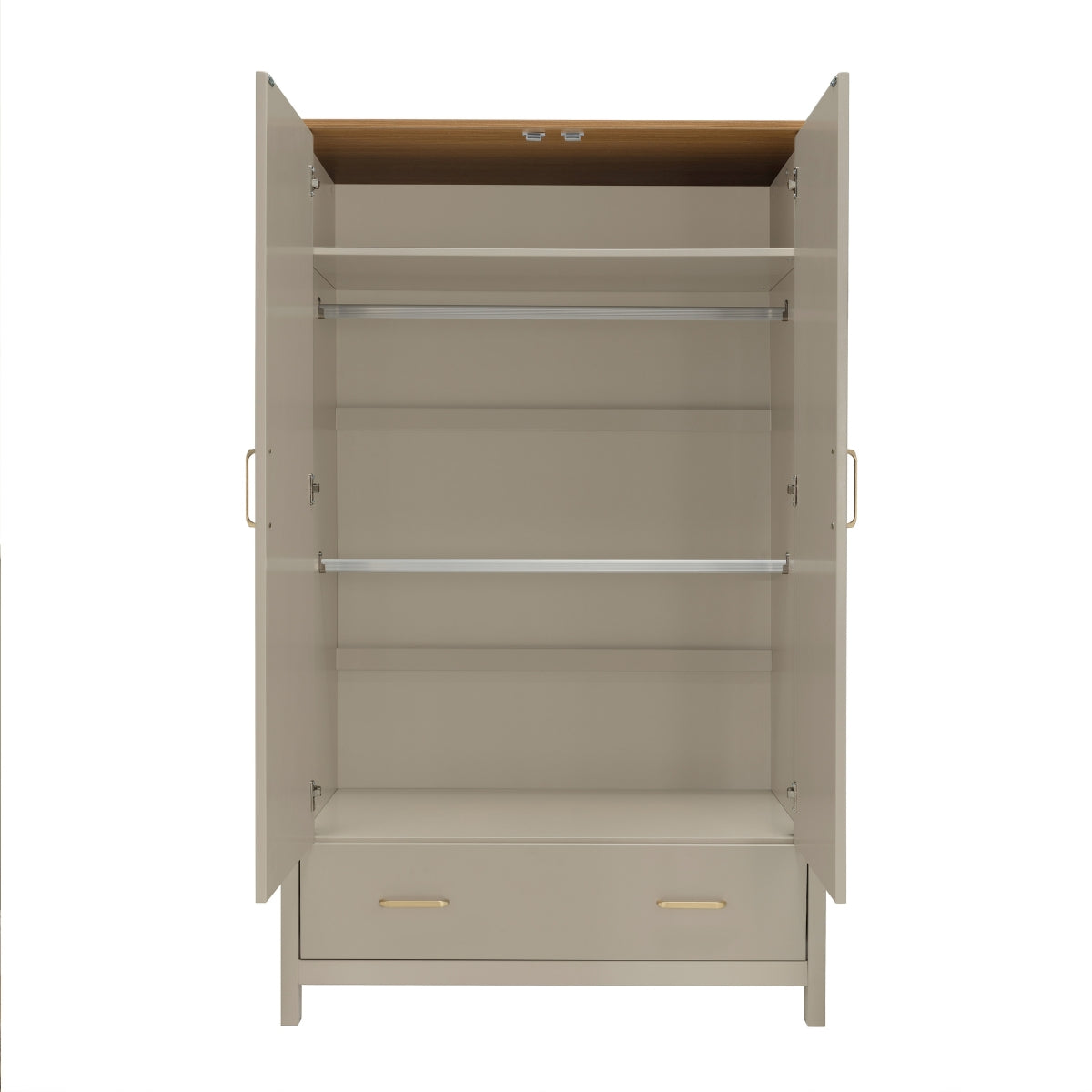 Babymore Mira Nursery Wardrobe in Cashmere Warm Oak with both doors open, showing top shelf, two hanging rails and full-width lower drawer