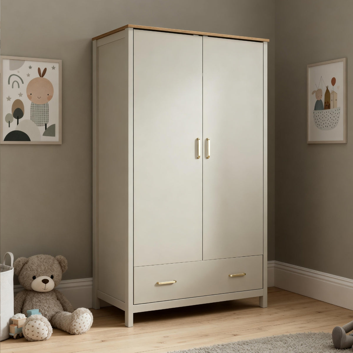 Babymore Mira Nursery Wardrobe in Cashmere Warm Oak shown in a neutral nursery, with double doors, warm oak detailing and full-width drawer