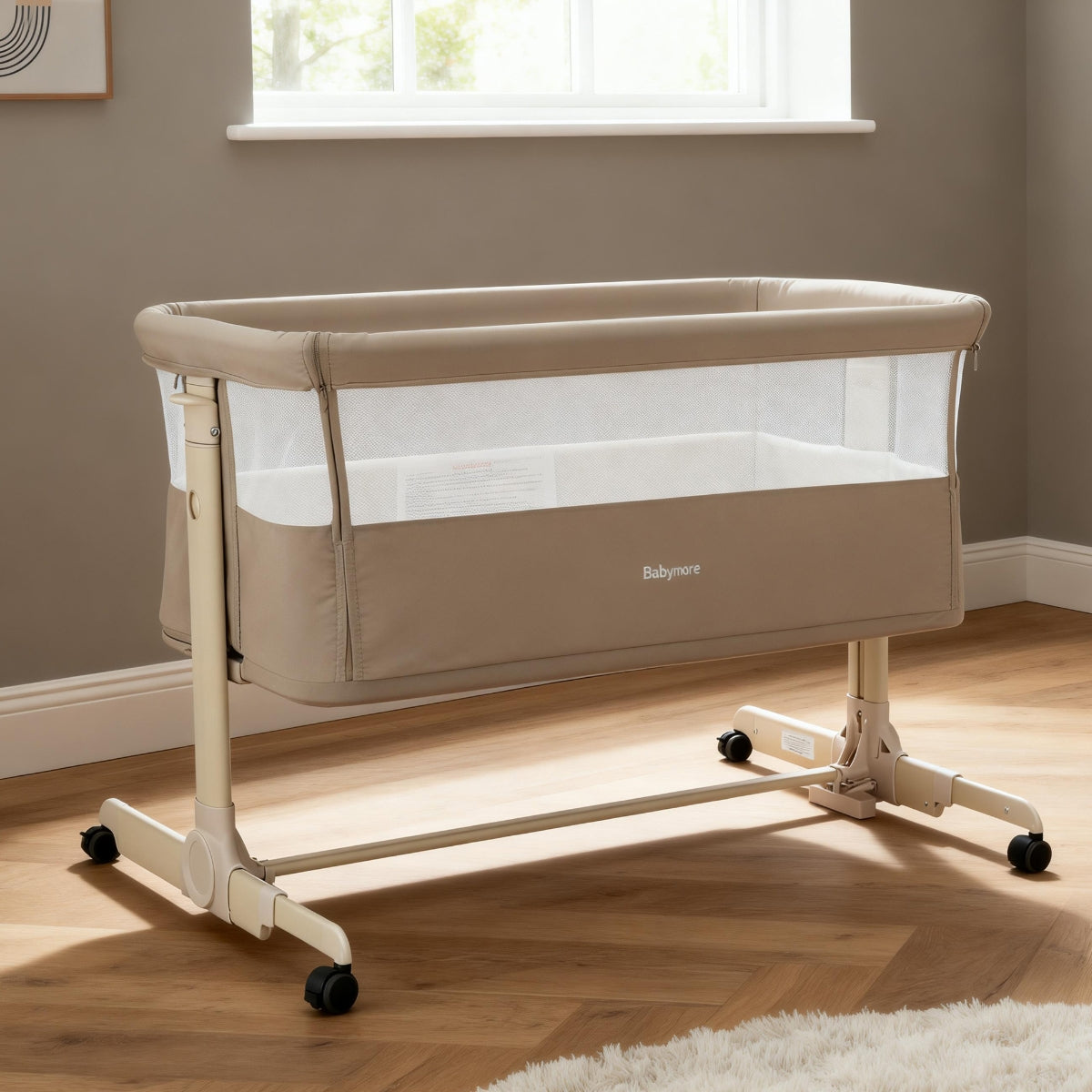 babymore neera bedside crib khaki in modern room with neutral decor 