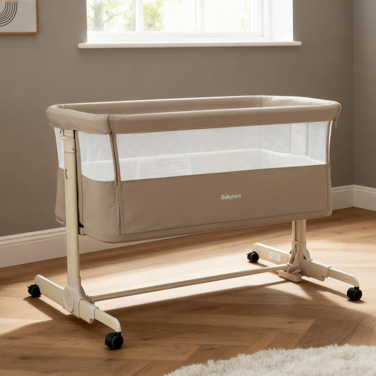 babymore neera bedside crib khaki in modern room with neutral decor 