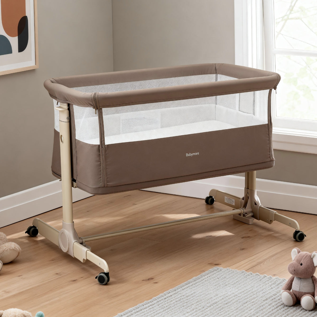 babymore bedsdide crib mocha in modern nursery bedroom