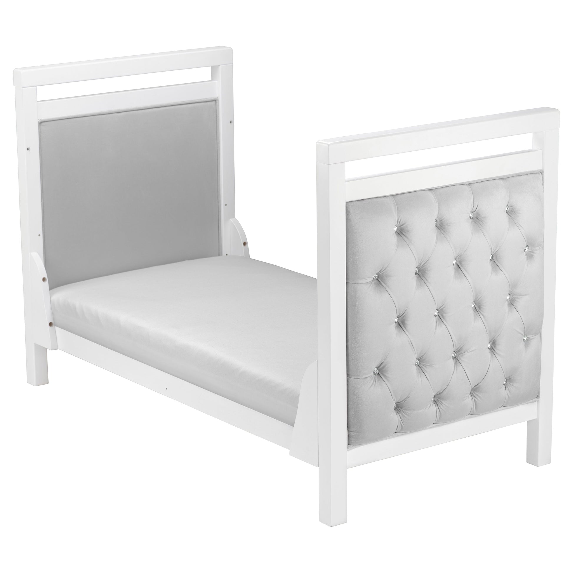 white Babymore Velvet Deluxe convertible cot bed as toddler bed on plain white background