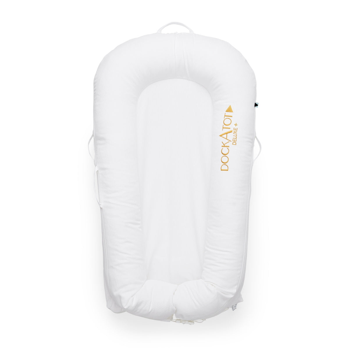 DockATot Deluxe+ Baby Dock Pristine White baby nest on plain white background