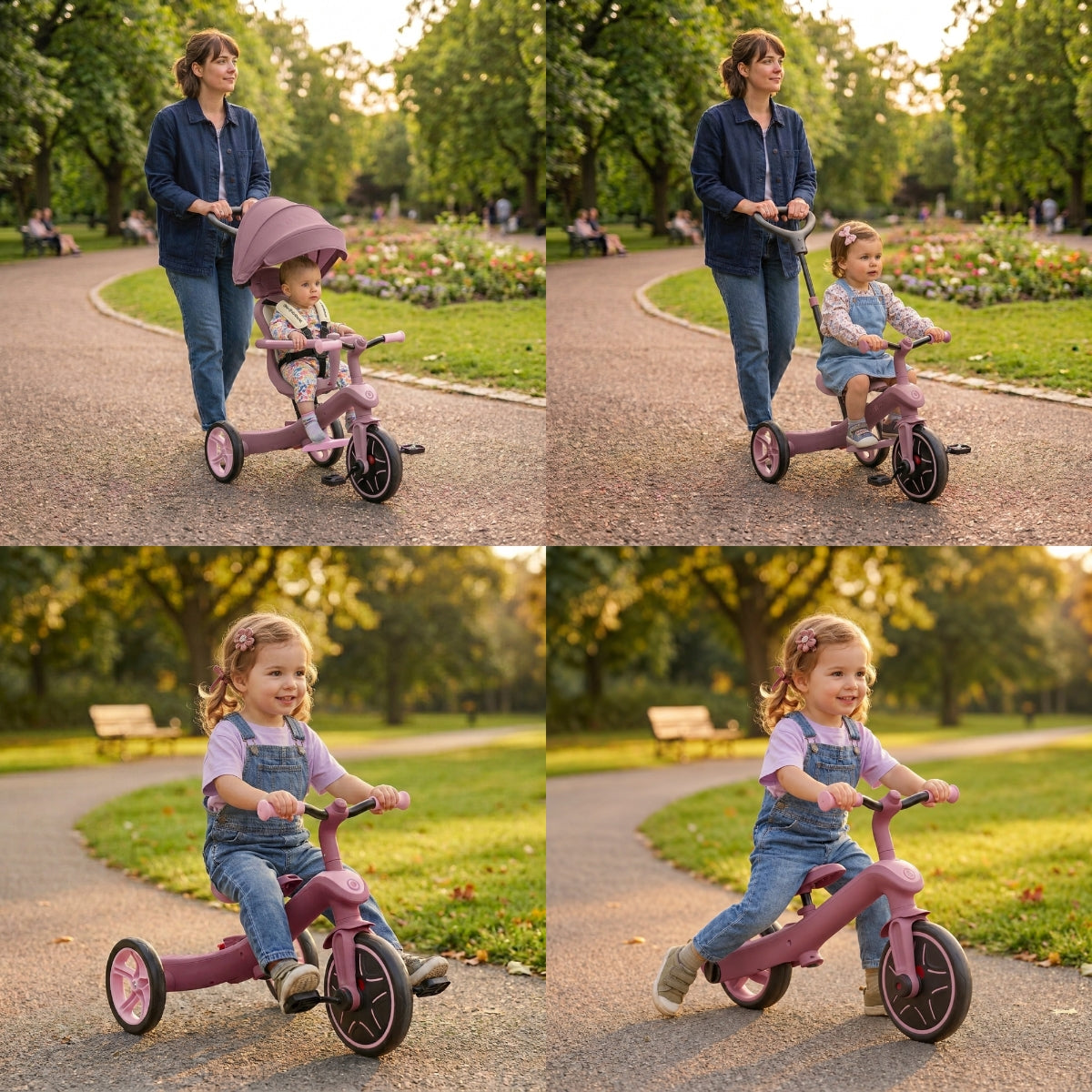 split screen showing the Globber Explorer Trike Eco 4-in-1 in Berry with canopy, infant seat and parent handle in 4 different modes
