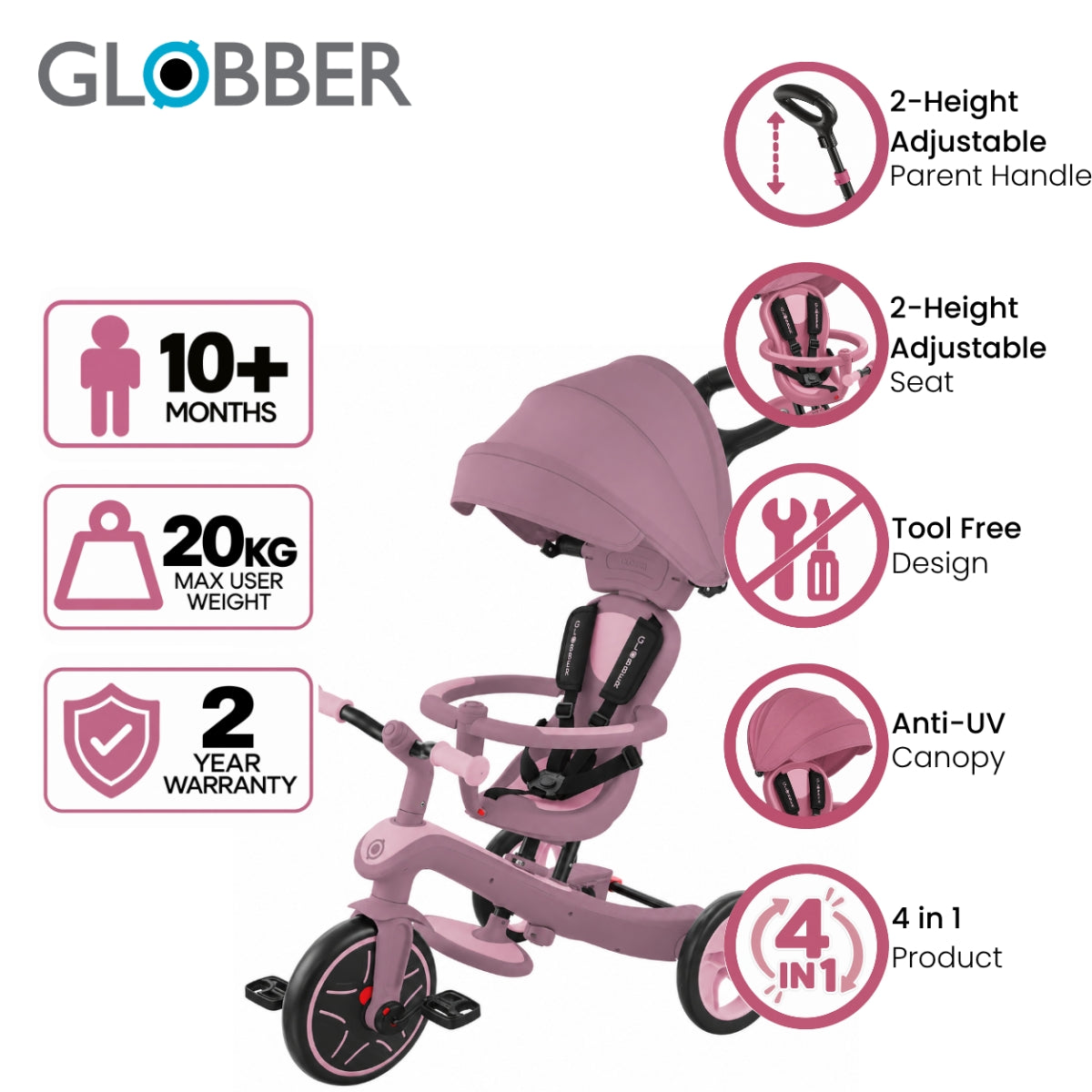 Globber Explorer Trike Eco 4-in-1 in Berry  product features on plain white background