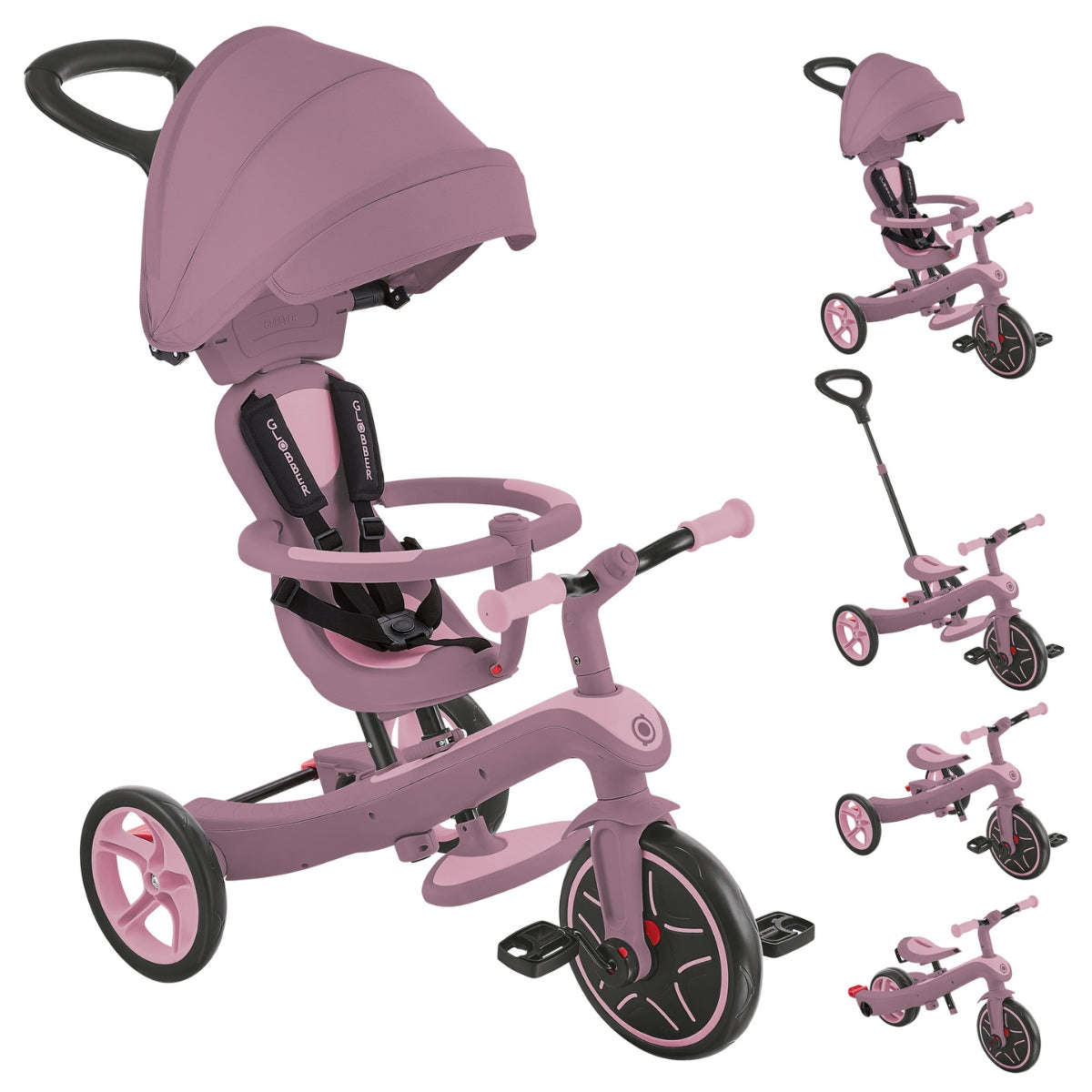 Globber Explorer Trike Eco 4-in-1 in Berry with canopy, infant seat and parent handle on plain white background