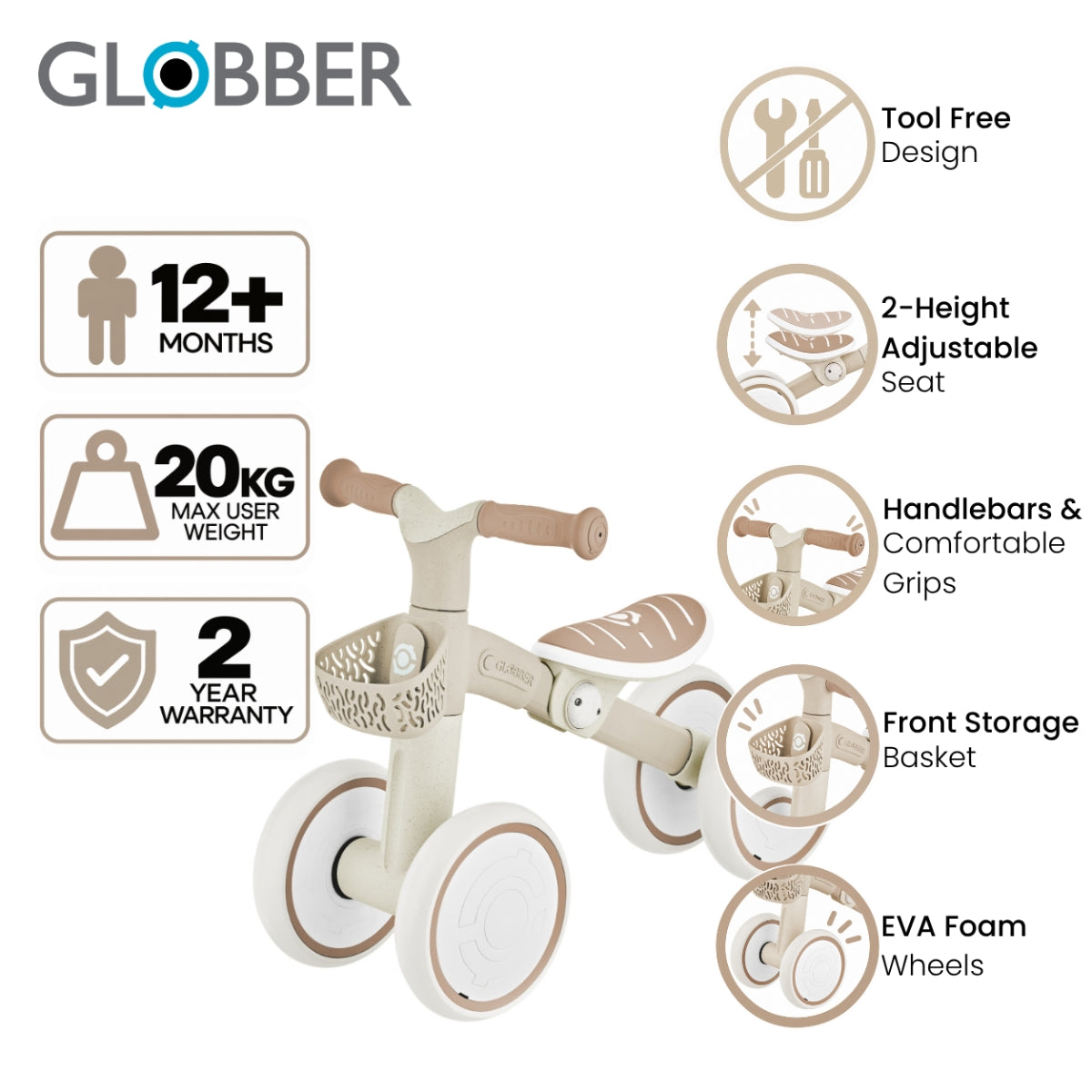 Globber Learning Bike Eco Coconut product features 