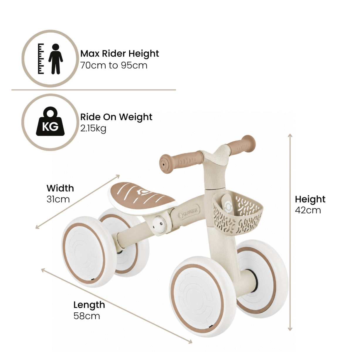 Globber Learning Bike Eco Coconut product dimensions showing width height and length of product
