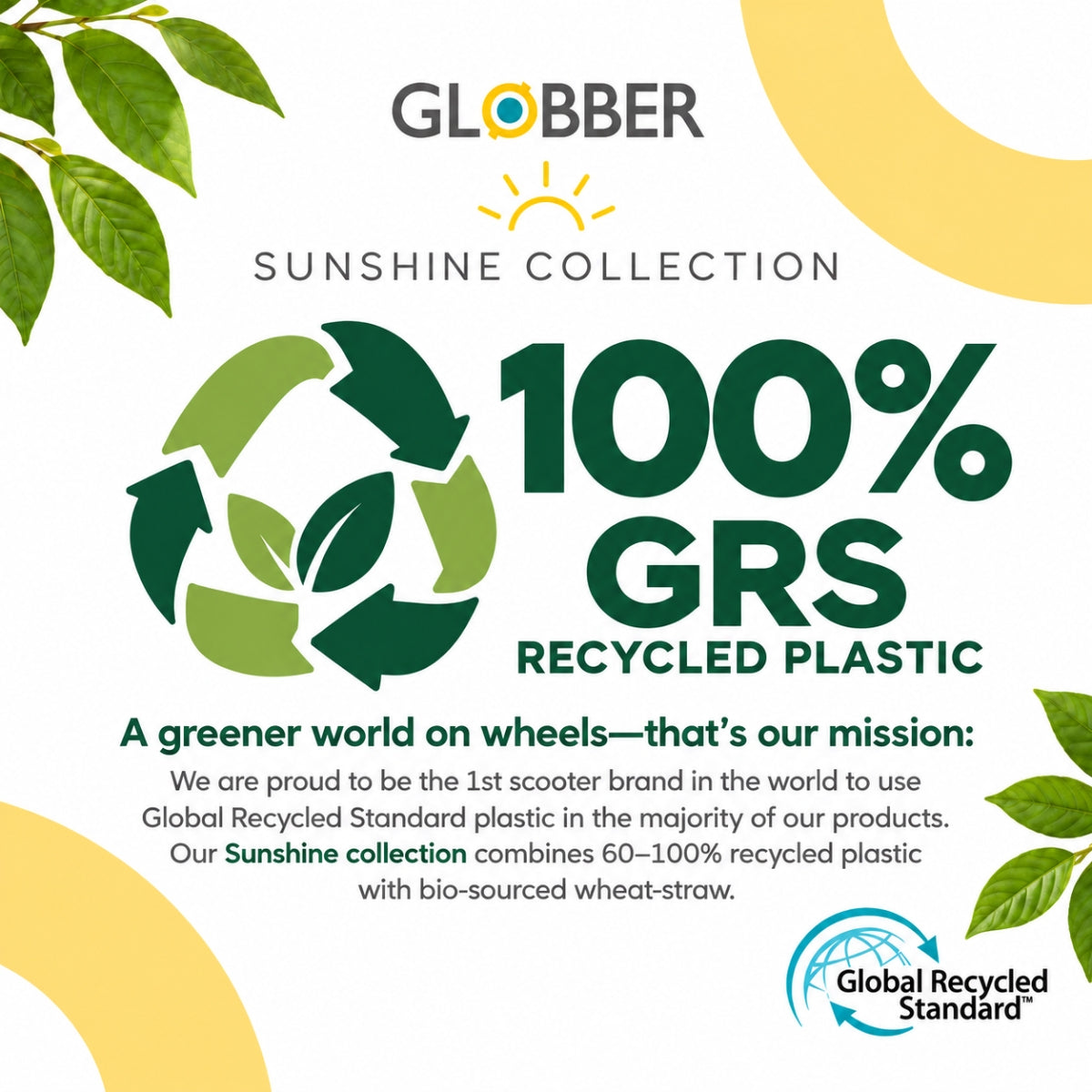 Promotional graphic for the Globber Sunshine Collection emphasizing 100% GRS recycled plastic. The design features a white background with green leaves in the corners, yellow curved accents, and a central green recycling symbol with leaf motifs.