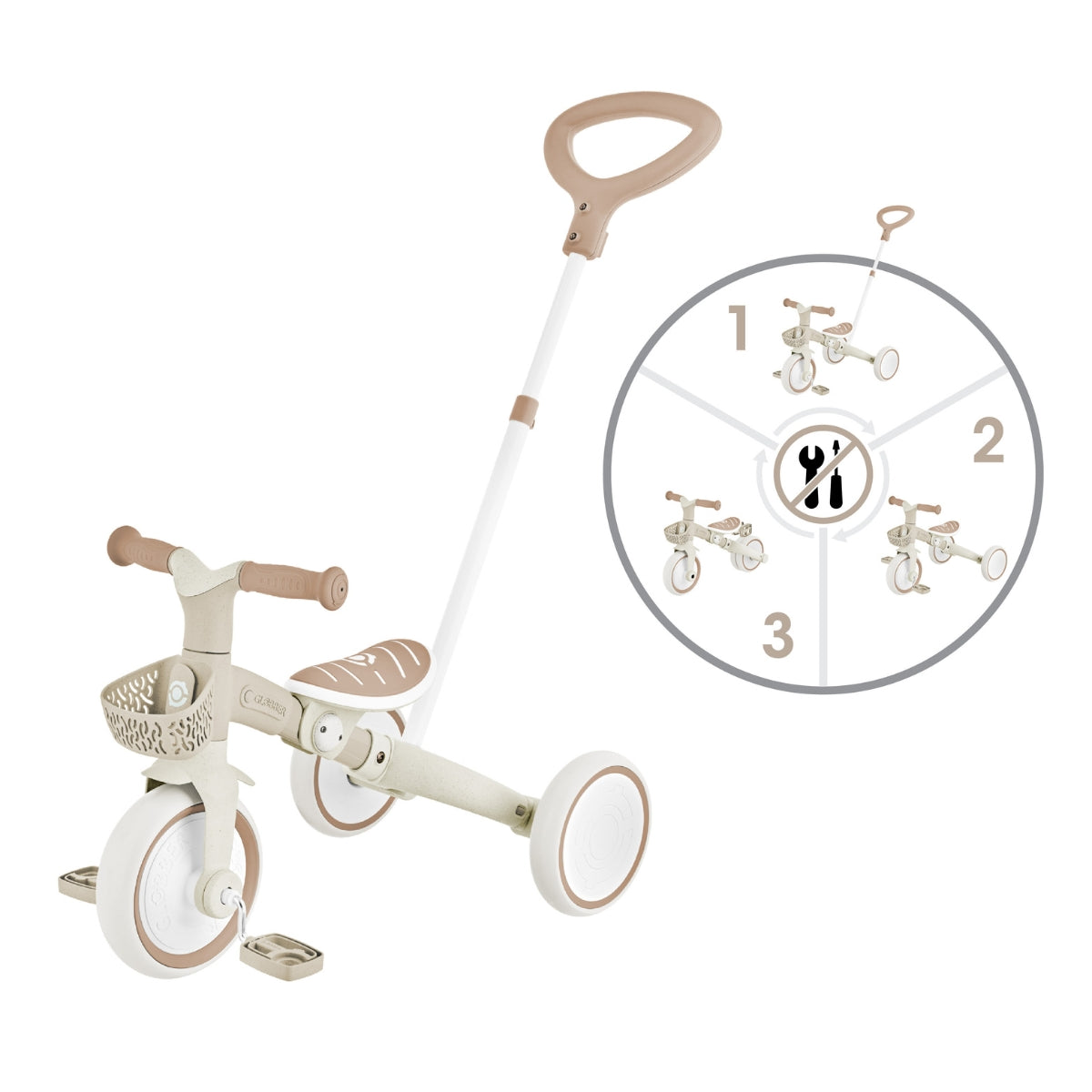 Globber Coconut 3-in-1 learning trike showing parent-guided, pedal trike and balance bike modes on white background