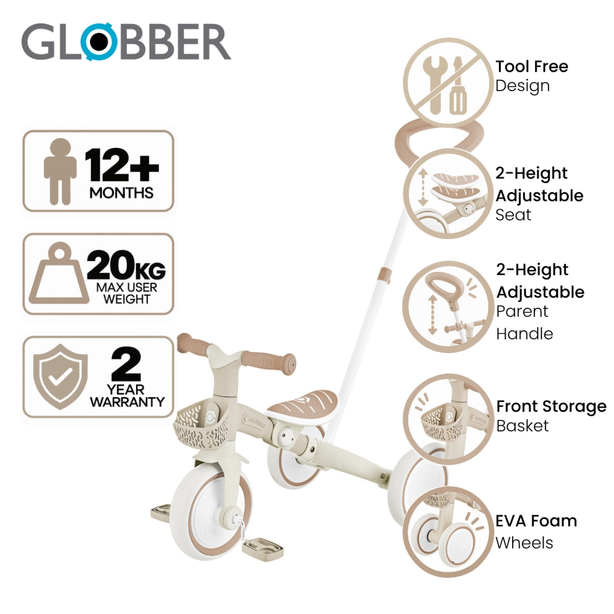 Globber Coconut 3-in-1 toddler learning trike showing parent-guided product features