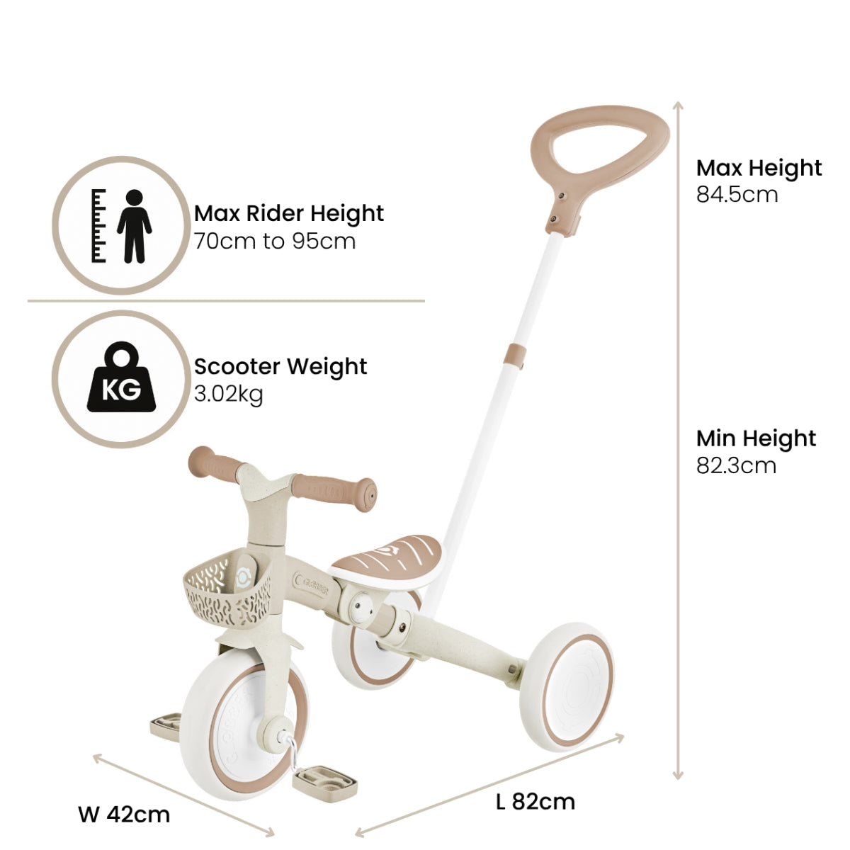 Globber Coconut 3-in-1 learnin trike product dimensions on plain white background