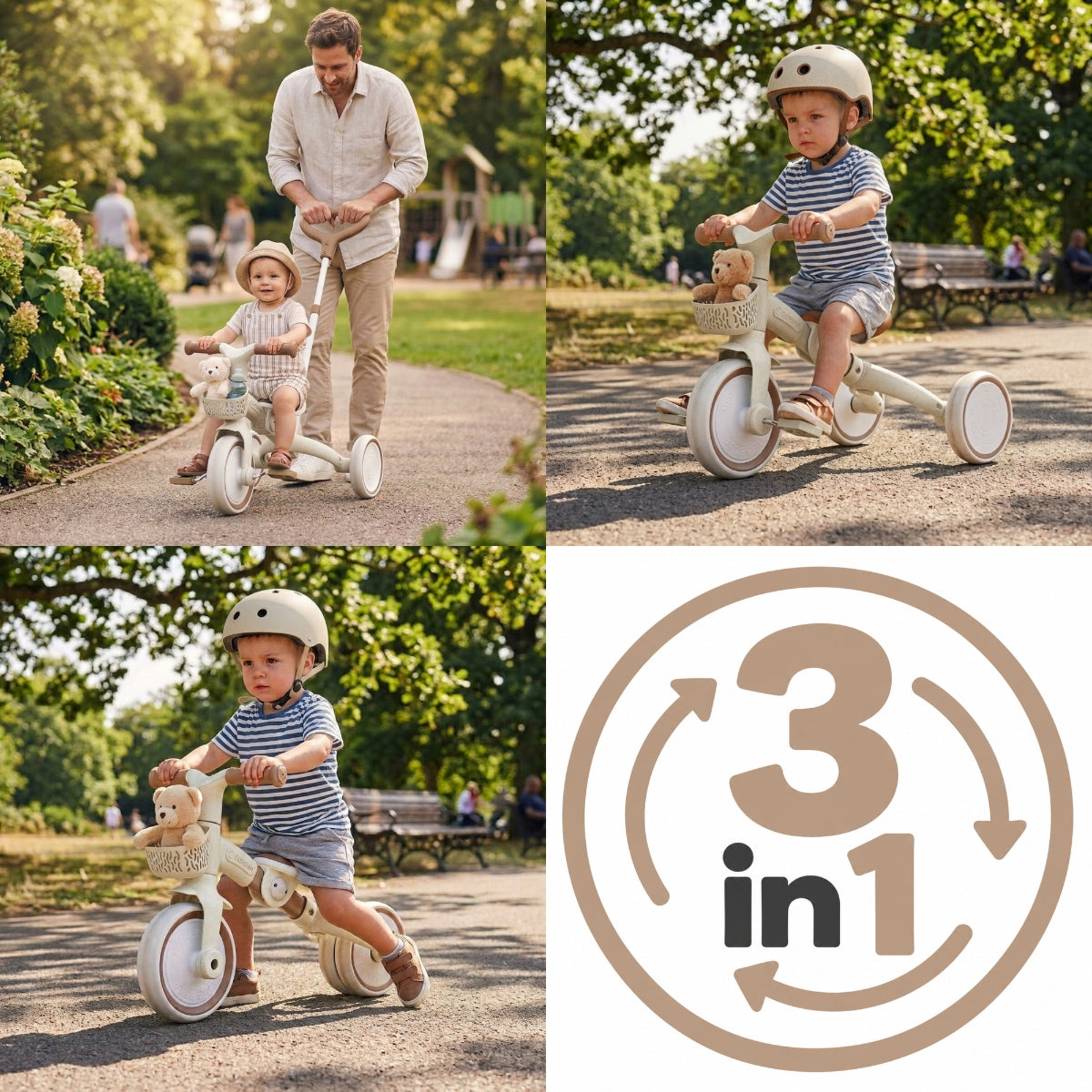 Globber Coconut 3-in-1 learning trike showing toddlers using the trike in pedal trike and balance bike modes while in sunny parks