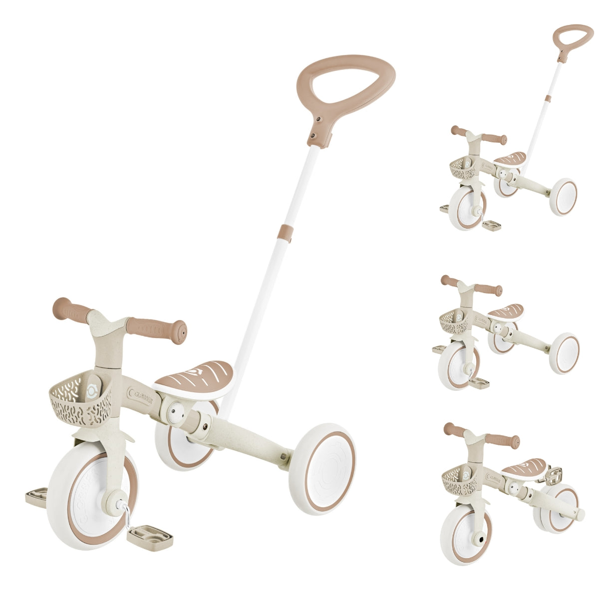 Globber Coconut 3-in-1 learning trike showing parent-guided, pedal trike and balance bike modes