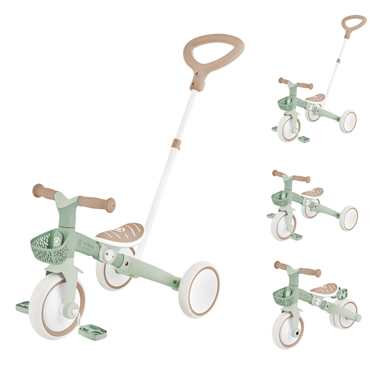 Globber Pistachio 3-in-1 toddler learning trike showing parent-guided, pedal trike and balance bike modes