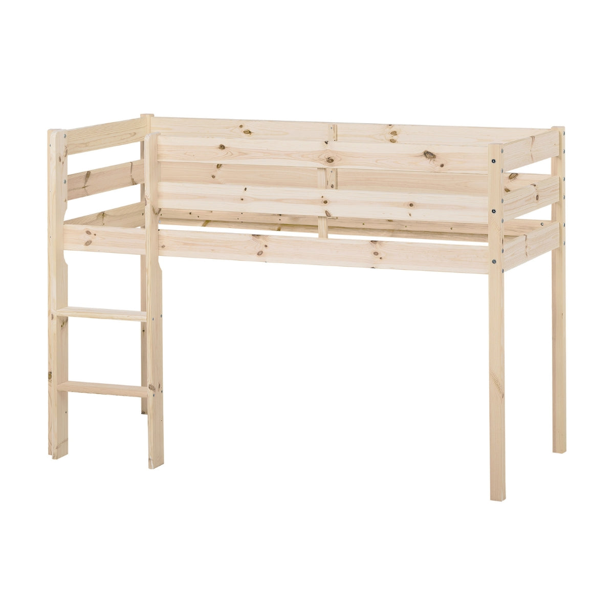 Hoppekids Eco Comfort mid sleeper bed in natural pine wood with ladder and safety rails for toddlers and children on plain white background