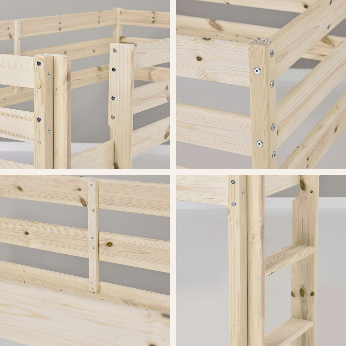 close up view of Hoppekids Eco comfort mid sleeper natural pine wood showing wood grain of various parts of the bed
