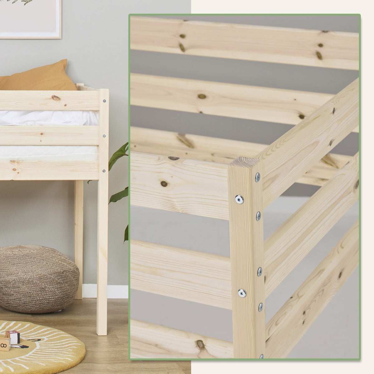 close up view of Hoppekids Eco comfort mid sleeper natural pine wood showing wood grain split view