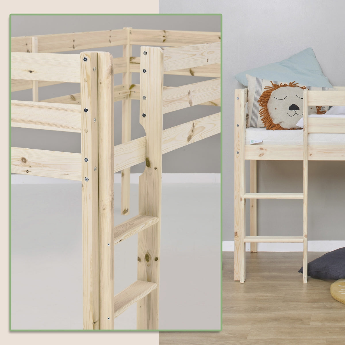 close up view of Hoppekids Eco comfort mid sleeper natural pine wood showing wood grain on ladder split view 