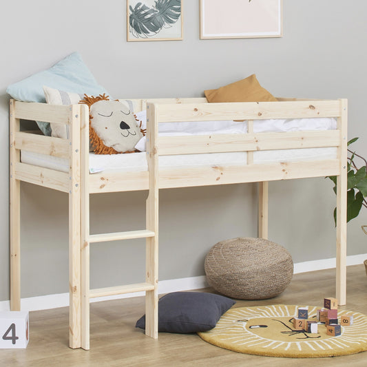 Hoppekids Eco Comfort mid sleeper bed in natural pine wood with ladder and safety rails for toddlers and children in european scandi style kids bedroom