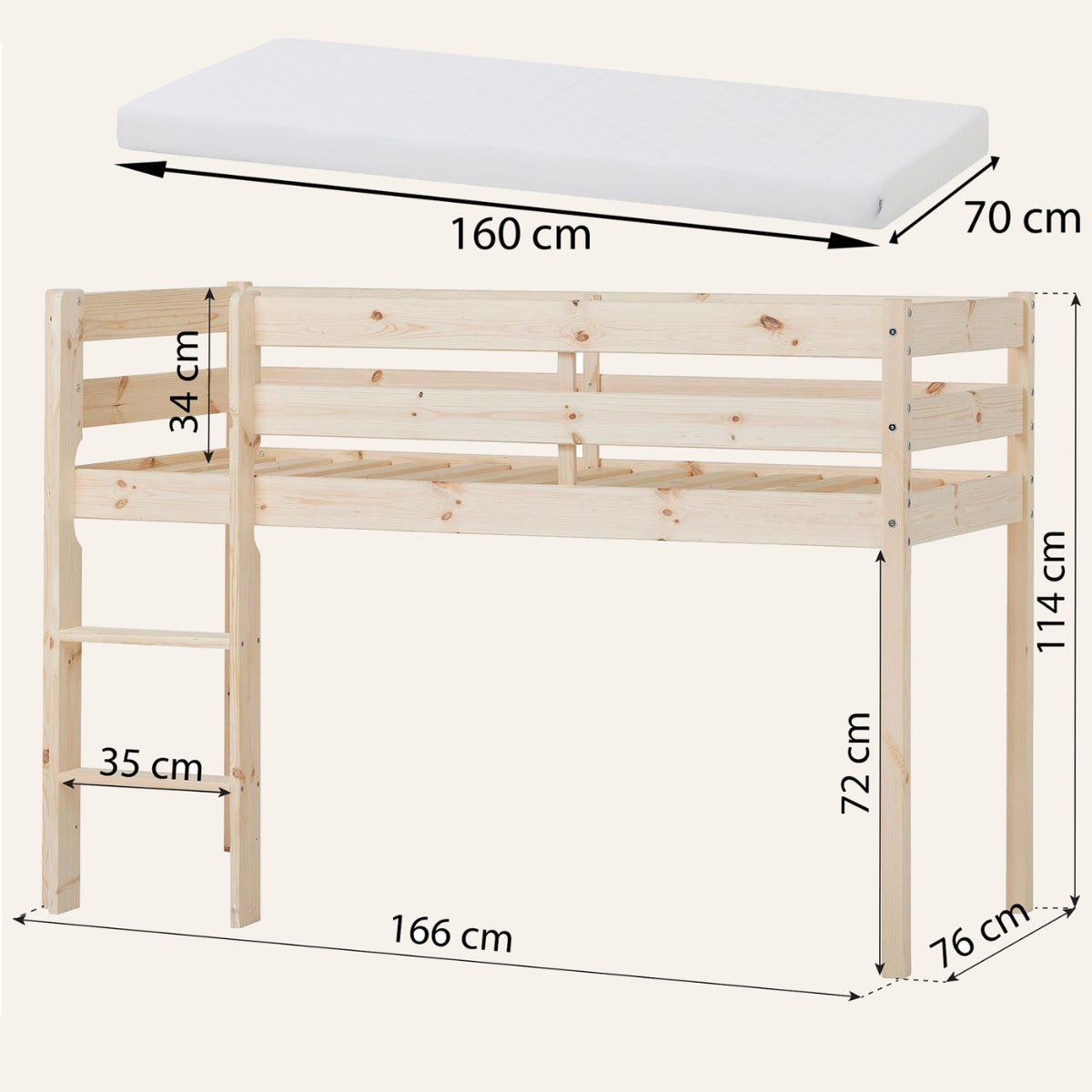 Hoppekids eco comfort mid sleeper natural pine wood on plain white background showing product dimensions of bed and 160x70cm mattress size required 