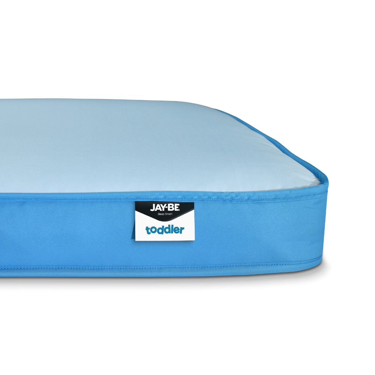 jay-be blue waterproof toddler bed mattress 140x70cm with wipe clean surface on plain white background