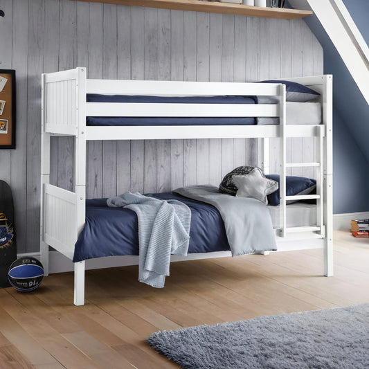 White bunk bed with blue bedding in a room with wooden floor and gray walls.