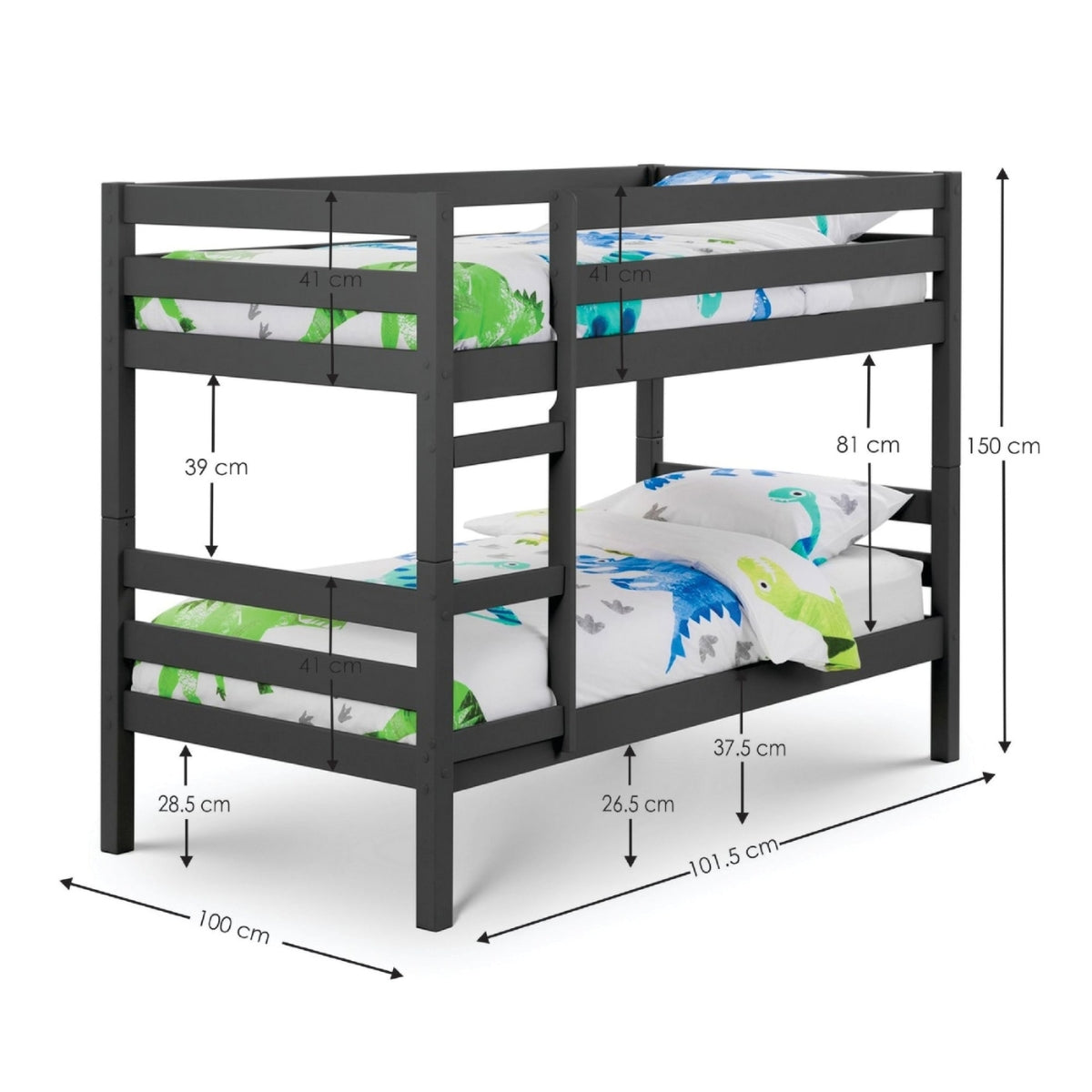 Julian Bowen Camden bunk bed product dimensions on plain white background