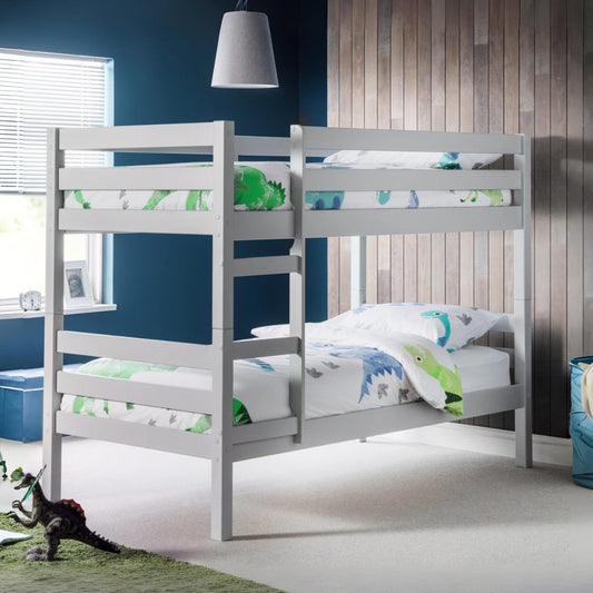 grey bunk bed with dinosaur-themed bedding in a room with blue walls