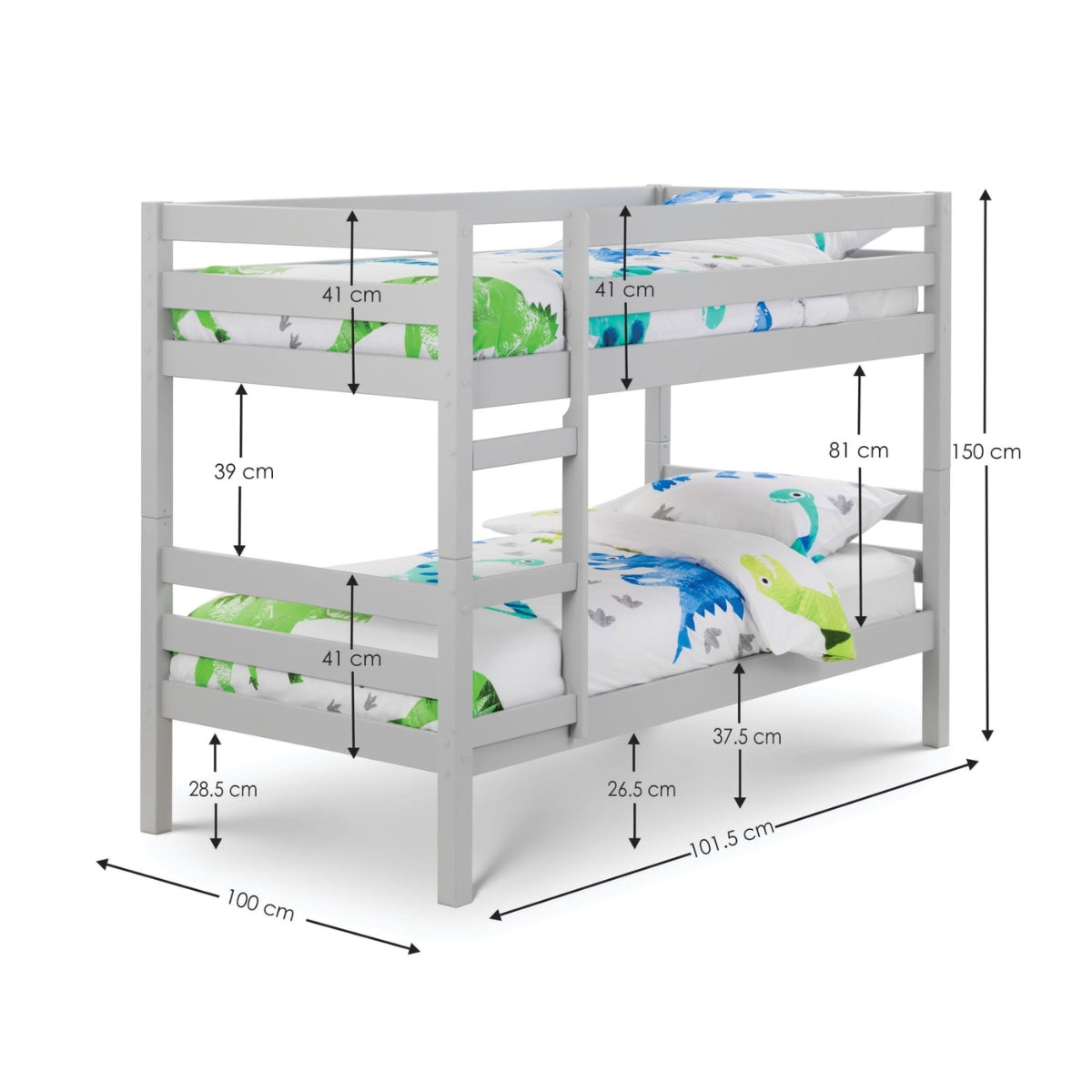 Julian Bowen Camden Bunk Bed product dimensions on white background