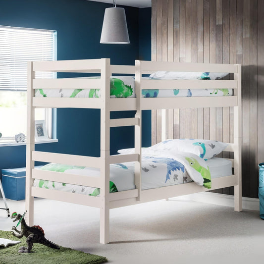 Children's room with a white bunk bed and dinosaur-themed bedding.