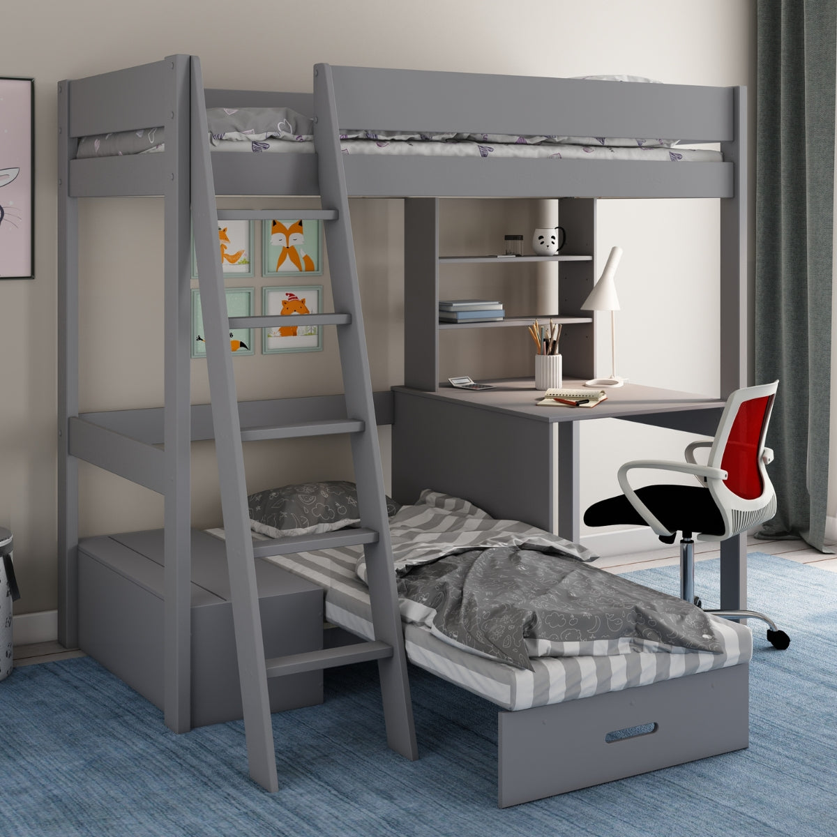 grey high sleeper bed with ladder and pulled out futon bed underneath in kids bedroom