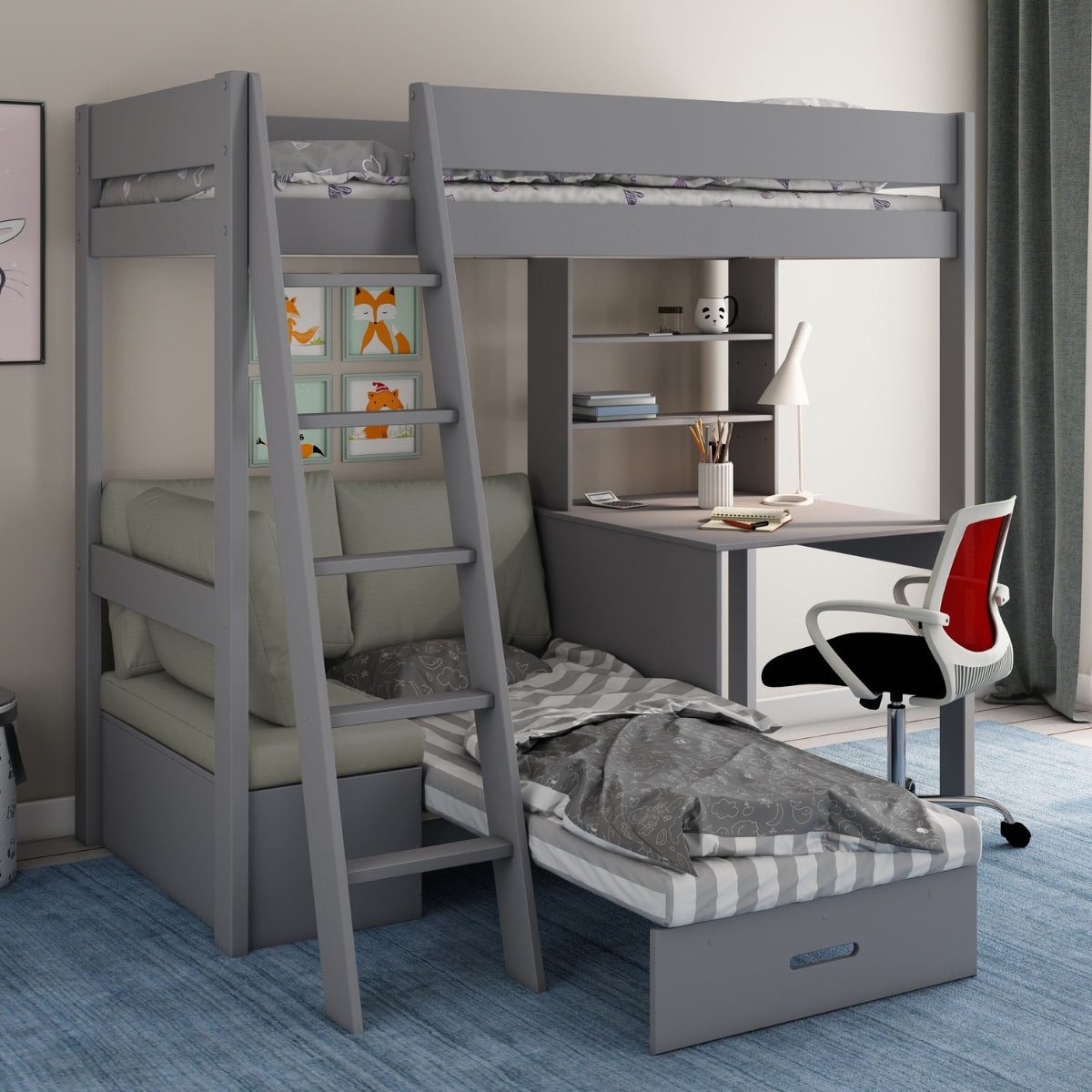 grey high sleeper bed with sofa bed and desk underneath in teen bedroom