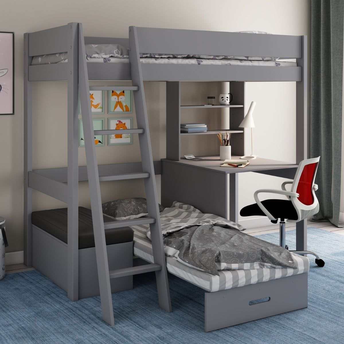 grey highsleeper bed with futon and desk underneath in kids bedroom