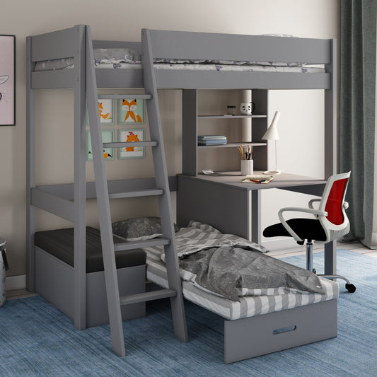 grey highsleeper bed with futon and desk underneath in kids bedroom