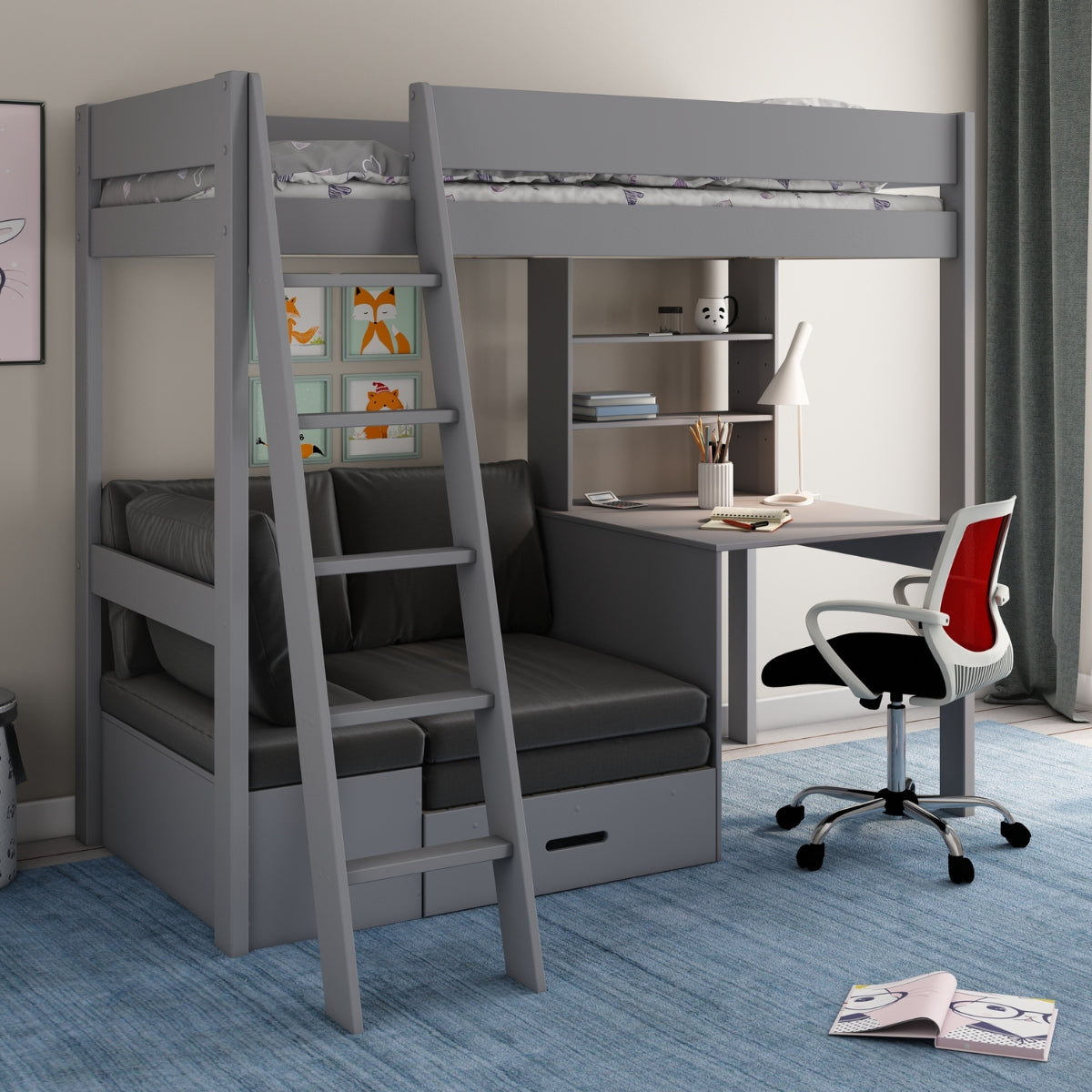 Kids Avenue Highsleeper with Sofa Bed Desk & Shelves Grey - Black Futon