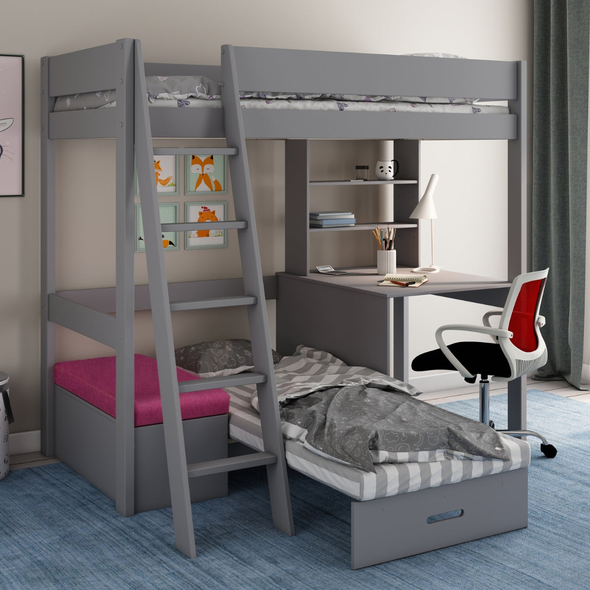 kids avenue estella high sleeper in grey with pulled out futon bed underneath