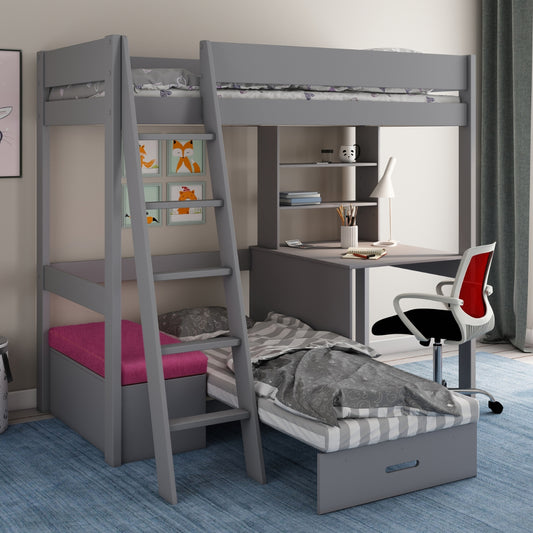 kids avenue estella high sleeper in grey with pulled out futon bed underneath
