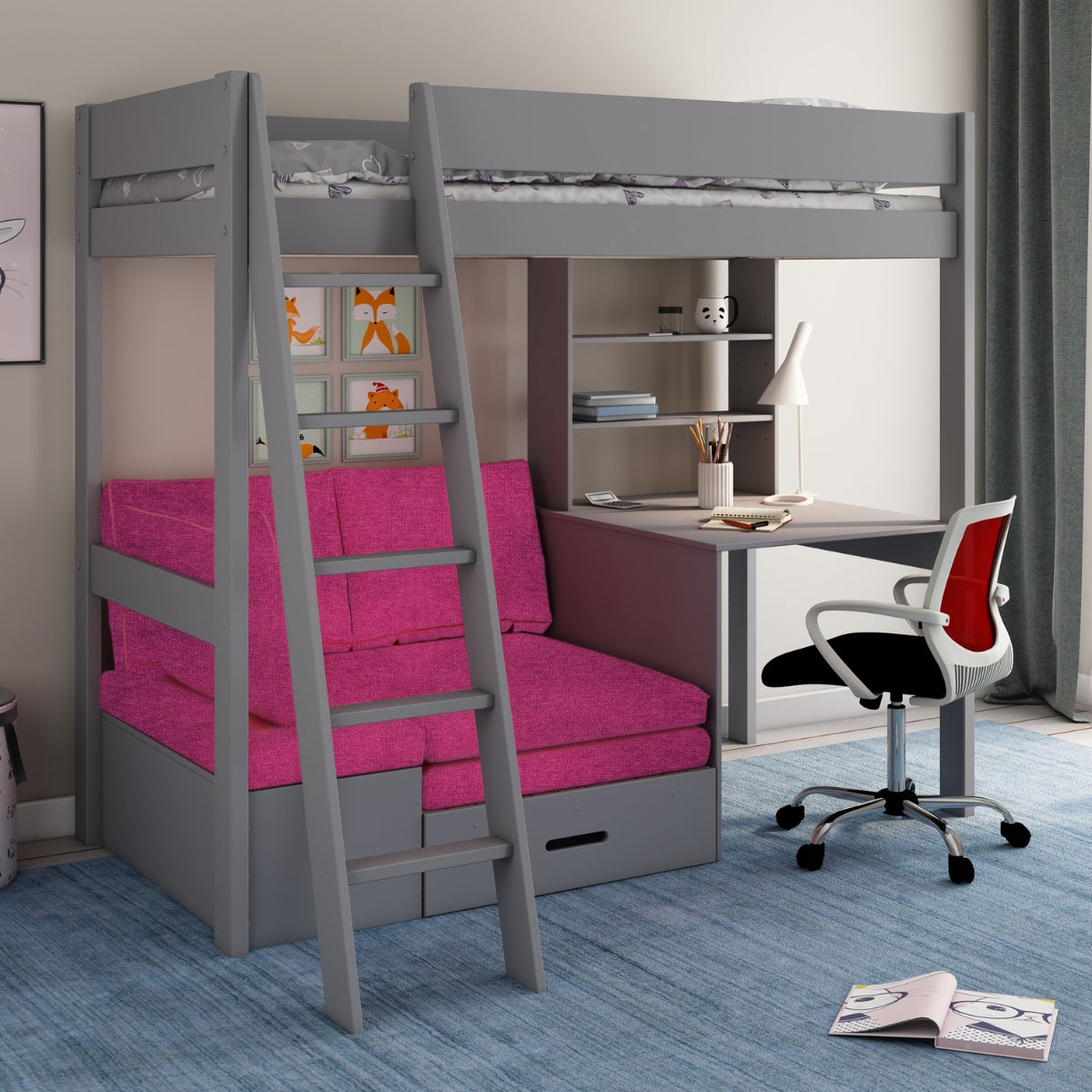 kids grey highsleeper bed with pink futon sofa bed and desk underneath