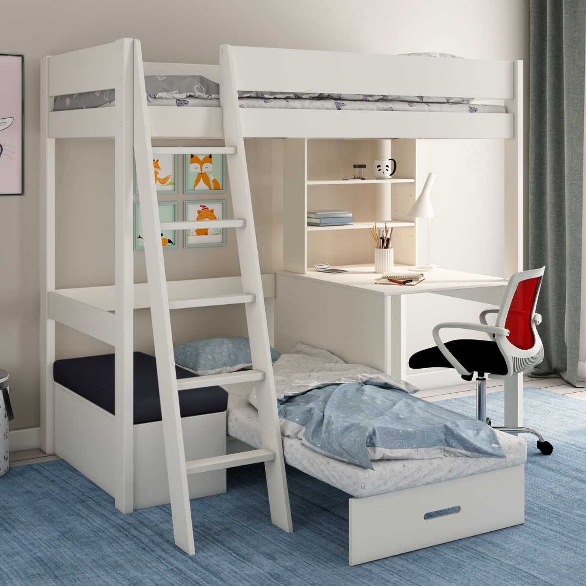 white loft bed with pull out futon and desk underneath in kids bedroom