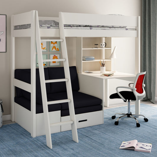white Estella highsleeper bed with desk and futon in a room with blue carpet